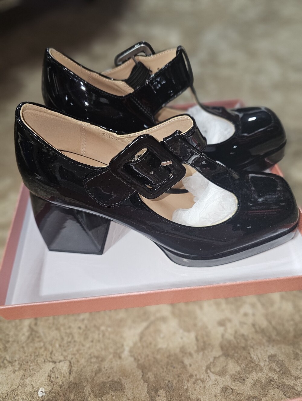 Patent Mary Jane Block Heel Pumps - Black